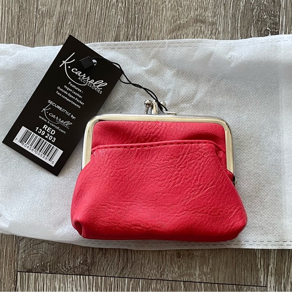 NWT “K•Carroll” Poppy Red “Coin Purse” Vegan Leather Neoprene Fabric W/2 Opening - Picture 9 of 10
